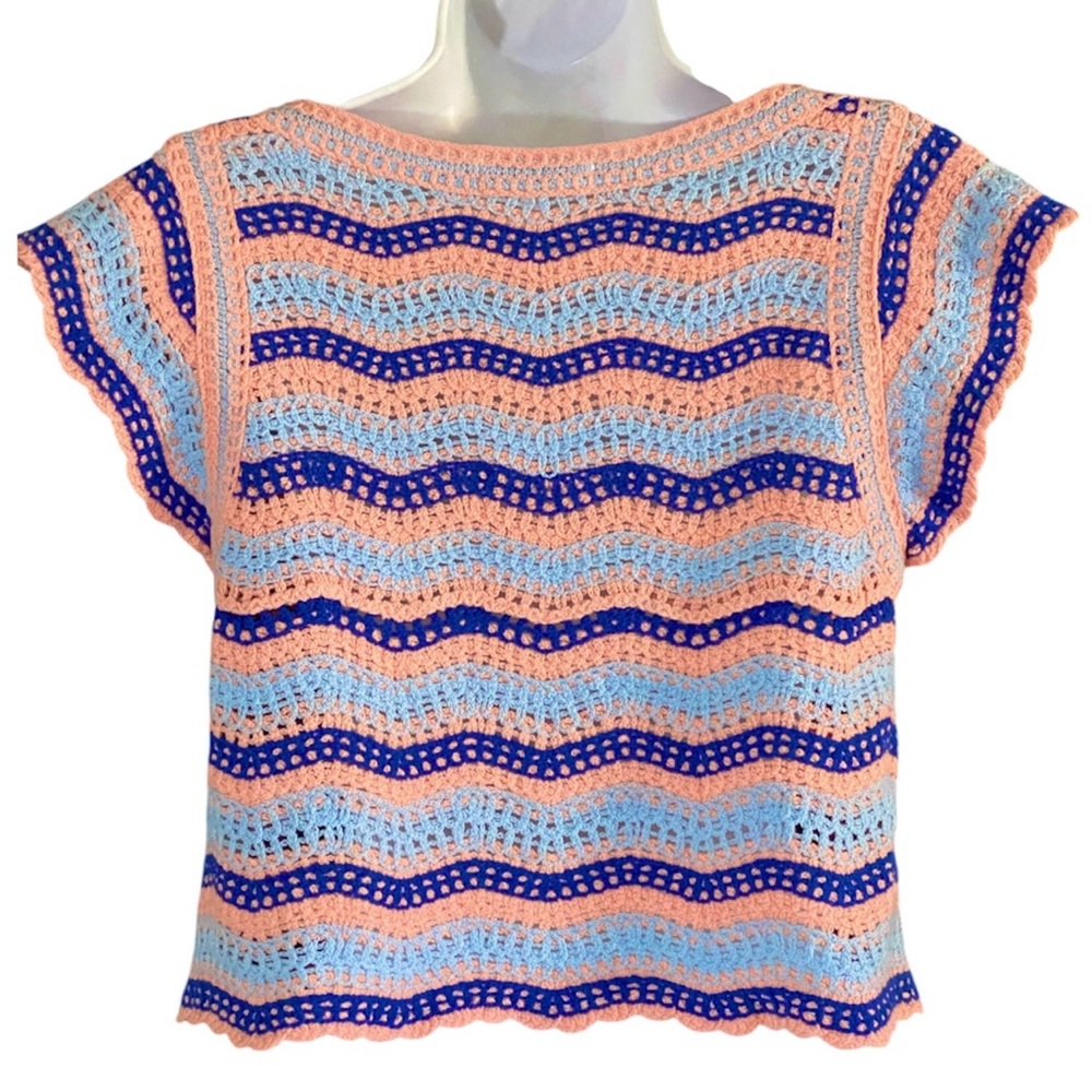 Rebellion Crochet Crop Top M Open Knit Flutter Sleeve Striped Boho Beach Mermaid - Picture 7 of 9